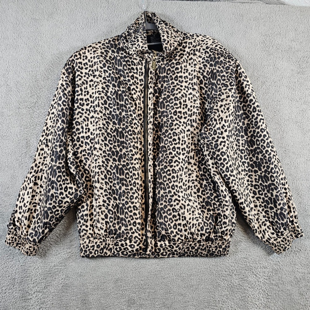 Fuda International Womens Silk Leopard Print Bomber Jacket Small Zip Vintage